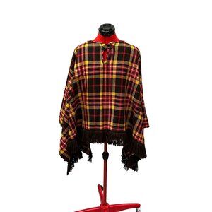 Vintage 70s Bobbie Brooks Wool Plaid Tartan Fringe Poncho One Size